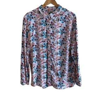 Talbots Button Down Shirt Women's Large‎ Bird Print Floral Novelty Long Sleeve
